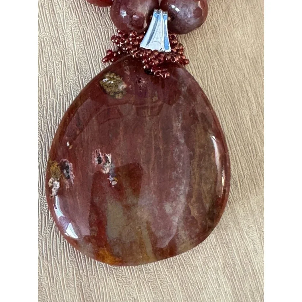 Gorgeous Carnelian Pendant on Carnlian and Orca Agate Strand Necklace w/Earrings - Picture 4 of 13